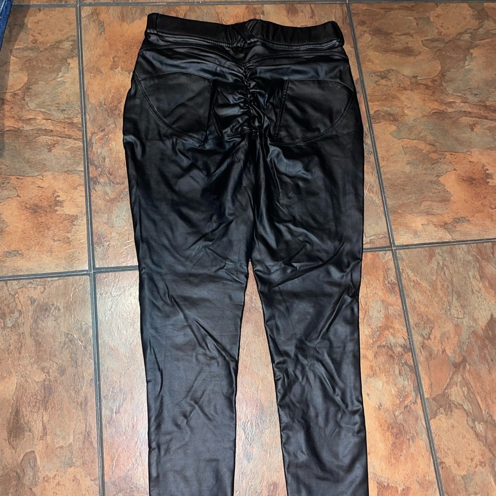 Black Faux Leather Ruched Leggings